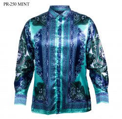 Prestige Mint / Navy / White Satin Medusa / Greek Design Long Sleeve Shirt PR-250