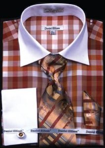Daniel Ellissa Brown Checker Pattern Shirt / Tie / Hanky Set With Free Cufflinks DS3773P2