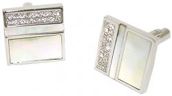 Fratello Silver Plated Square Cufflinks Set With Rhine Stones And Simulated Pearl Shell
