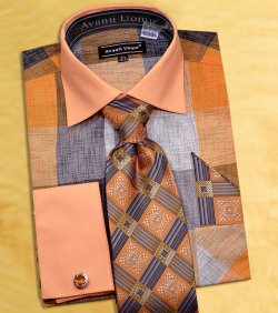 Avanti Uomo Peach / Grey / Orange Check Design Shirt / Tie / Hanky Set With Free Cufflinks DN65M.