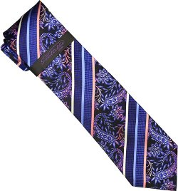 Piattelli Collection PT003 Navy Blue / Black / Sky Blue / White / Pink Diagonal Paisley Stripes 100% Woven Silk Necktie/Hanky Set