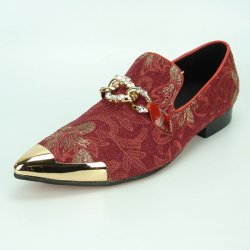 Fiesso Red Genuine Leather Embroidered Slip-On Metal Tip FI7253.