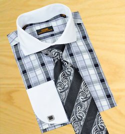 Steven Land White / Black / Silver Grey Checkerboard 100% Cotton Dress Shirt With White Spread Collar / White French Cuffs DS1003