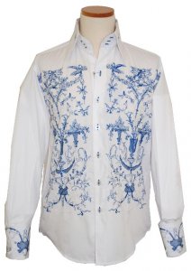 Manzini White with Blue/White Embroidered Long Sleeves 100% Cotton Shirt MZ-66