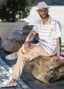 Montique Beige / White Micro Plaid Short Sleeve Outfit 2023.