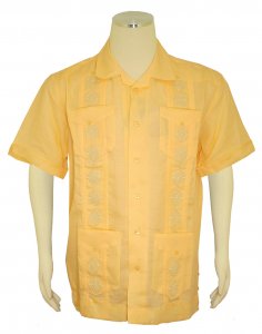Successos Maize Yellow Embroidered Button Up Casual Linen Short Sleeve Shirt S5432