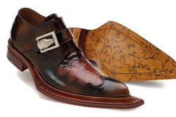 Mauri Joker "44201" Brown / Cognac Genuine Alligator / Brushed Calf Leather Diagonal Pointed Toe Loafer Shoes With Hand – Carved Wooden Leather Sole And Silver Alligator Buckle