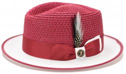 Bruno Capelo Burgundy / White Diamond Crown Braided Fedora Straw Hat HA-725