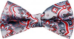 Classico Italiano Grey / Red Paisley Design 100% Silk Bow Tie / Hanky Set