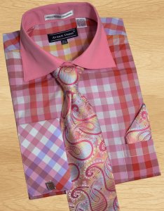 Avanti Uomo Fuschia / Gold / White / Red Check Design Shirt / Tie / Hanky Set With Free Cufflinks DN60M