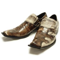 Fiesso Brown Diagonal Toe Alligator Print Leather Shoes with Metal Studs on the side - FI6421