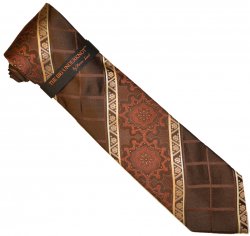 Steven Land "Big Knot" BWU650 Brown / Rust / Beige Windowpane / Artistic Design 100% Silk Necktie / Hanky Set