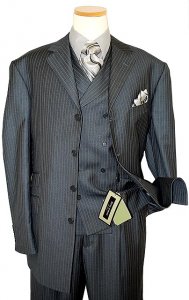 Steve Harvey Collection Dark Grey With Silver Grey Pinstripes Super 120's Merino Wool Vested Suit 6782