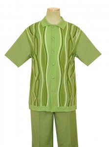 Silversilk Mint / Cream / Avocado Green Wavy Design Button Up 2 Piece Knitted Outfit 7320