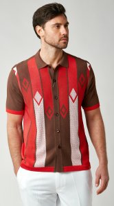 Silversilk Brown / Red / White Button Up Knitted Short Sleeve Shirt 1209