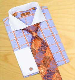 Steven Land Blue / Orange Checker Design With White Spread Collar / White French Cuffs 100% Cotton Dress Shirt DS1006