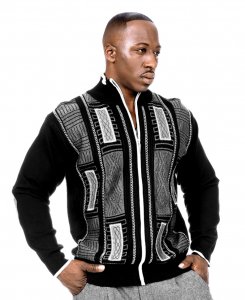 Silversilk Black / Grey / White Woven Zip-Up Knitted Sweater With Grey Microsuede Elbow Patches 1228
