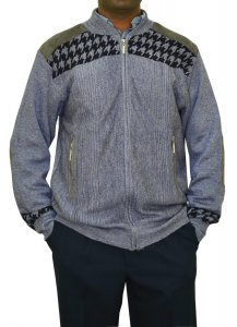 SilverSilk Blue / Grey Knitted Front Zipper Stripes Sweater Jacket With Elbow Patches 5993