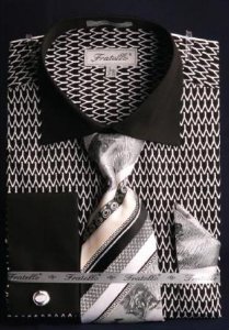 Fratello Black / White Weave Design 100% Cotton Shirt / Tie / Hanky Set With Free Cufflinks FRV4127P2.