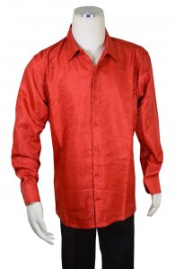 Bagazio Red Paisley Embroidered Long Sleeve Satin Shirt BM1948