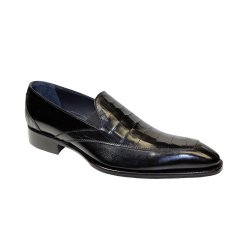 Duca "Trento" Black Crocodile Print/ Calf-Skin Leather Slip-On Split-Toe Loafer Shoes.