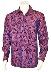 Pronti Salmon Pink / Navy Blue Abstract Design Velvet Accented Long Sleeve Shirt S6258