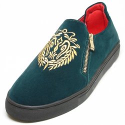 Fiesso Green Leather Embroidery Loafer Shoes With Zipper FI2139