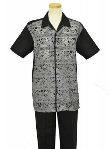 Successos Black / White Embossed Floral Design 100% Linen 2 Piece Short Sleeve Outfit SP3330
