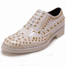 Fiesso White Genuine Leather Oxford Shoes With Gold Metal Studs FI6699