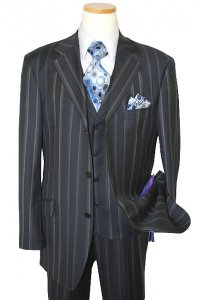 Extrema by Zanetti Navy/Silver Grey Stripes Super 120's Wool Vested Suit TQ42493
