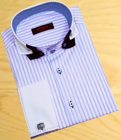 Axxess White / Baby Blue Stripes With Navy Hand-Pick Stitching Double Tab Collar 100% Cotton Dress Shirt 0440