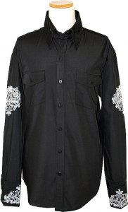 Manzini Black With White Embroidered Button Down High-Collar Long Sleeves 100% Cotton Shirt MZ-76