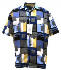 Stacy Adams Navy Blue / Tan / White Block Design Linen Short Sleeve Shirt 2550