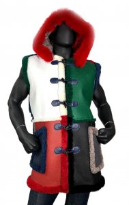 G-Gator Multi-Color Genuine Sheepskin Shearling Vest With Fox Fur Hood / Toggles Сlasp 4905.
