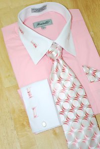 Fratello Pink With Pink/White Laced Spread Collar And French Cuffs Shirt/Tie/Hanky Set FRV4105P2