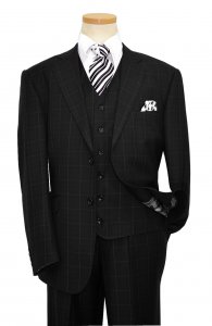 Statement Confidence Black With White Micro Windowpane Design Super 150's Wool Vested Suit TZ-812