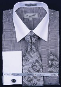 Fratello Black Check Two Tone Shirt / Tie / Hanky Set With Free Cufflinks FRV4121P2