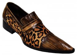 Fiesso Brown / Black Leopard Hair Genuine Leather Loafer Shoes FI6758