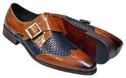 Carrucci Cognac / Navy Hand Burnished Woven Calfskin Monk Strap Shoes KS099-722T