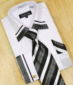 Avanti Uomo White / Black With Embroidered Design Shirt/Tie/Hanky Set DN41M