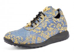 Mauri "8900/2" New Blue / Gold Genuine Crocodile / Gobelins Fabric Casual Sneakers.