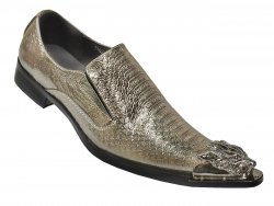 Fiesso Metallic Silver Snake Print Genuine Leather Loafer Shoes With Silver Metal Lion Tip FI6909