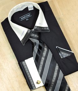Avanti Uomo Black / Cream With Embroidered Design Shirt/Tie/Hanky Set DN41M