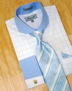 Fratello White/Sky Blue w/Windowpanes Shirt/Tie/Hanky Set With Free Cufflinks FRV4102