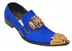 Fiesso Royal Blue Genuine Leather / Suede Loafer Shoes With Gold Metal Lion Tip And Metal Gold Skull / Clear Stones FI6907