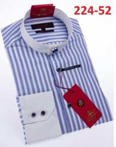 Axxess Blue / White Striped Cotton Modern Fit Banded Collar Dress Shirt With Button Cuff 224-52.