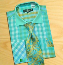 Avanti Uomo Mint Green / White Check Design Shirt / Tie / Hanky Set With Free Cufflinks DN60M.