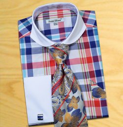 Daniel Ellissa Navy / Red / Aqua / White Check Design Shirt / Tie / Hanky Set With Free Cufflinks DS3767P2