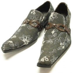 Fiesso Brown With White Embroidered Paisley Design Diagonal Toe Denim Leather Shoes With Metal Bracelet And Stud FI8116