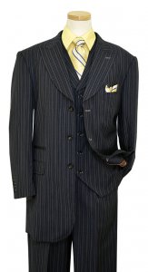 R&B Solo 360 Navy Blue With Tan / White Pinstripes Design Super 160's Wool Vested Full Cut Fashion Suit S218